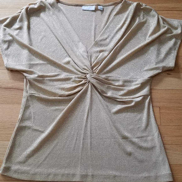 New York &Compaby Gold Shimmer V-Neck Ruched Top-Large - Picture 2 of 8